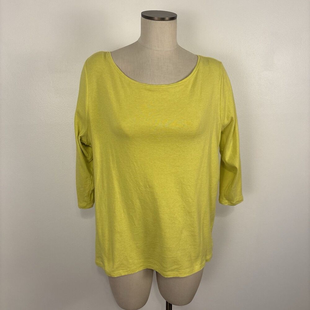 The Talbots Tee Plus Petite 2XP 100% Cotton Yellow Bateau Neck T-Shirt 3/4 Sleev
